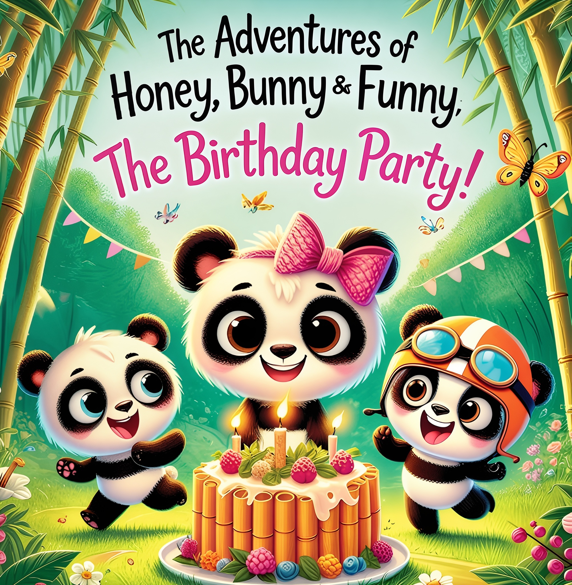 Book cover: The Adventures of Honey, Bunny and Funny - The Birthday Party, featuring the three panda siblings celebrating